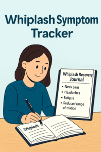 Person writing in a whiplash recovery journal to track symptoms like neck pain, headaches, and stiffness.